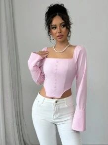 SHEIN Unity بلوزة نسائية بياقة مربعة وأكمام طويلة ضيقة باللون الوردي، متعددة الاستخدامات أنيقة فرنسية عتيقة مناسبة لوجبة الإفطار المبكرة، أنيقة لعيد الحب وعيد الميلاد ورأس السنة الجديدة - وردي - مشاهدة 4
