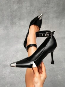CUCCOO SZL Simple Color Block Metal Decor Pointed Toe Casual Ladies High Heels Valentine's Day - Black - View 5