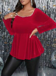 SHEIN Clasi Plus Size Elegant Party Beaded Decor Waist Fitted T-Shirt - Red - View 7