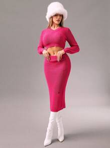 Zolique 2pcs Set Women Hot Pink Magenta Sweater & Skirt,Hem Hole Tassel Rib Knit Sweater Suit,Autumn Girly Club Night New Years Holiday Party Outfits - Hot Pink - View 5