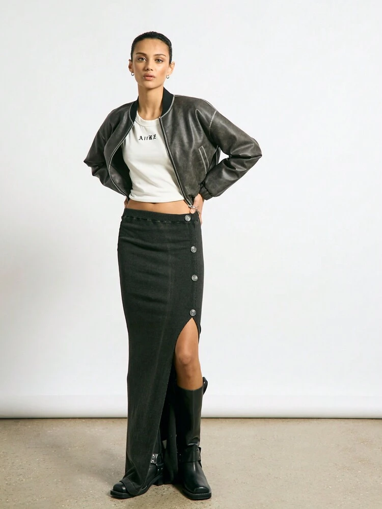 AiiRZ Elegant Button Detail Maxi Skirt With Side Slit Winter Fall Knit Long Skirt High Waisted Button Front Ribbed Design