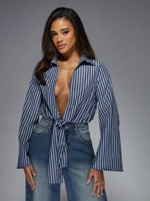 MISSGUIDED Trendsetting Classic Long Sleeve Bodysuit Vertical Striped Pattern Front Tie Collared Neckline Plunge Cut Office Professional Business Casual Autumn Spring - Navy Blue - View 1