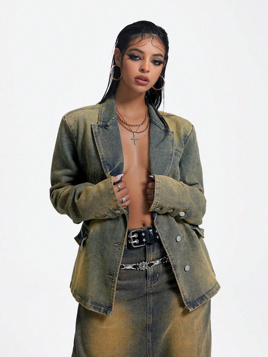 SHEIN ICON Retro Loose Denim Jacket - Medium Wash - View 1