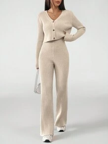 SHEIN Tall Khaki Ribbed Knit Cardigan & Knit Pants - Apricot - View 1