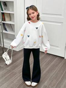 Tween Girl Casual Colorful Heart Handpainted Loose Oversized Round Neck Dropped Shoulder Hoodie And Skinny Flare Pants Set, Suitable For Home, Outdoor, And School