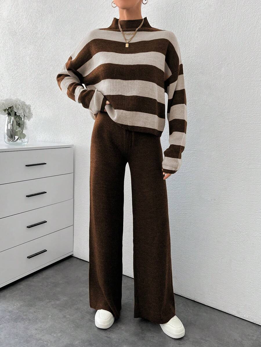 SHEIN Cottnline Women Stripe Pattern Mock Neck Pullover & Sweater Pants Set - Multicolor - View 1