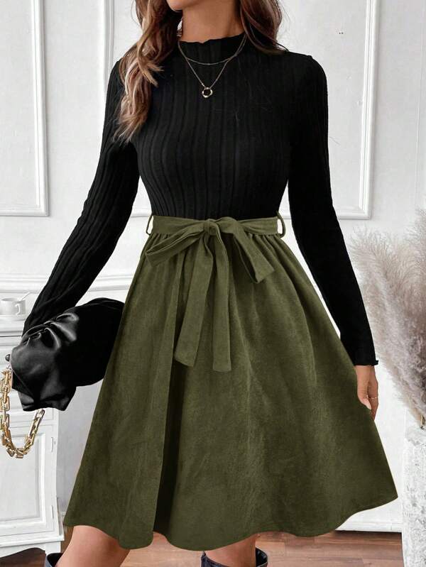 EMERY ROSE Women's Elegant Casual Knitted Patchwork Leopard Print Long Sleeve Dress Fall Cloth For Women