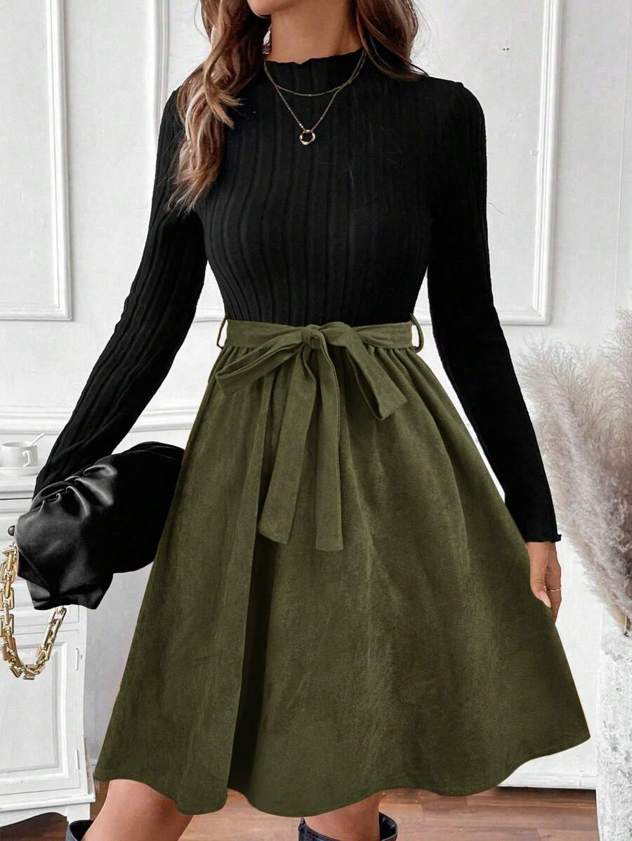 SHEIN Clasi 女式优雅休闲针织拼布豹纹长袖连衣裙 - 軍綠色 - 查看 1