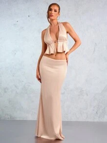 SHEIN SXY 新年优雅性感夜店必备情人节派对玫红色香槟金缎面吊带背心加低腰鱼尾裙两件套 - 香檳色 - 查看 4