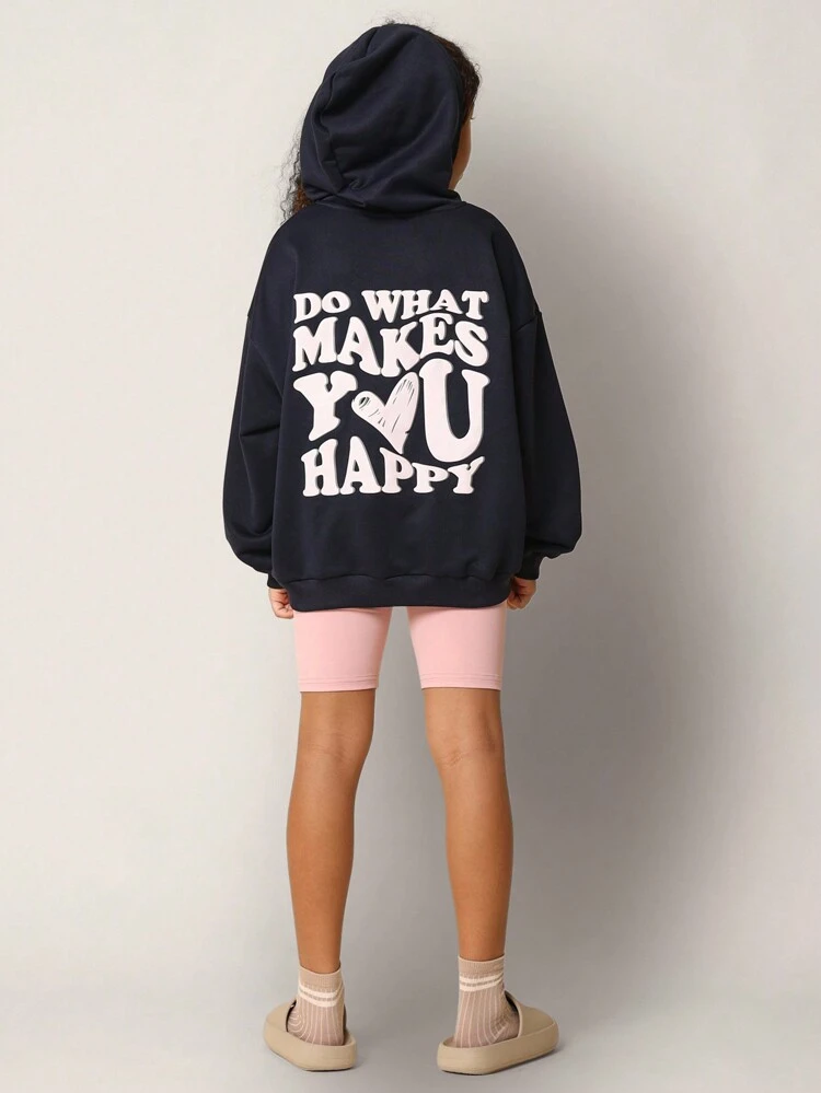 Tween Girls Comfy Regular Fit Do What Makes You Happy Graphic Print Overhead Hoodie And Biker Short 2 Piece Set