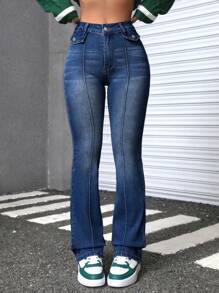 SHEIN EZwear Quần Jeans Ống Loe Ôm Vừa Vặn Thường Ngày Cho Nữ - Rửa tối - Xem 3
