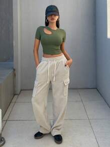 DAZY Áo thun nữ cổ tròn tay ngắn khoét rỗng thường ngày, áo crop top nữ - xanh quân đội - Xem 2