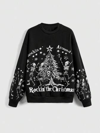 Goth Sudadera con estampado gráfico de calavera gótica y Navidad
