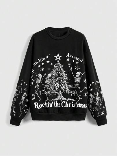 Goth Sweat-shirt avec impression graphique Crâne gothique et Noël