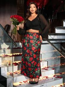 Celure Plus Size Rose Flower Print Romantic Elegant High Waist Flared Skirt