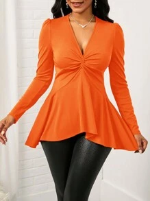 SHEIN Lady T-shirt élégant à manches bouffantes torsadées de couleur unie pour femmes, automne