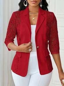 SHEIN Lady Plus Size Casual Elegant Contrast Lace Single-Breasted Jacket, Autumn