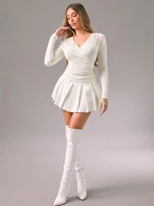 Zolique 女士优雅V领长袖褶皱上衣，休闲日常穿着 - 米色 - 查看 7