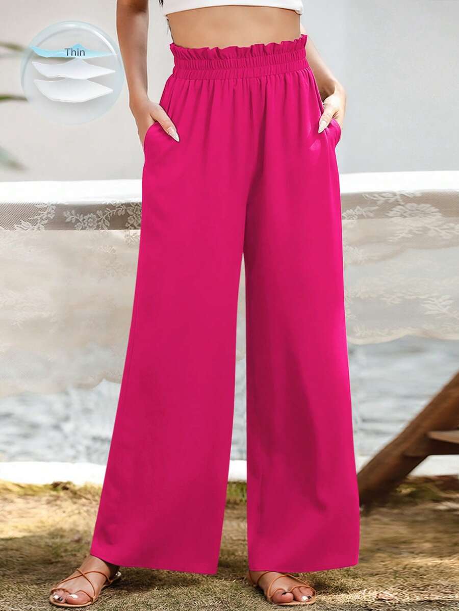 SHEIN LUNE Paperbag Waist Wide Leg Pants - Hot Pink - View 1