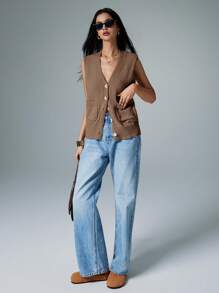 Poéselle Solid Button Front Pocket Sleeveless Casual Cardigan - Mocha Brown - View 1