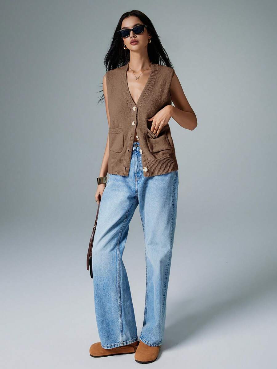 Poéselle Solid Button Front Pocket Sleeveless Casual Cardigan - Mocha Brown - View 1
