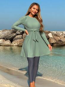 Swim Mulvari 全新朴素布基尼套装，2 件套长袖上衣和长裤泳装，遮盖身体，防紫外线，保守阿拉伯/东南亚女士泳装夏季阿拉伯服装 - 彩色 - 查看 2