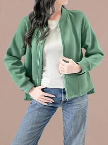LanaWest Women Casual Loose Solid Color Fleece Jacket, Autumn/Winter - Green - View 7