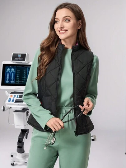 TaskEZ Women's Nursing Zip-Up Scrub Uniform Vest Jacket For Autumn/Winter