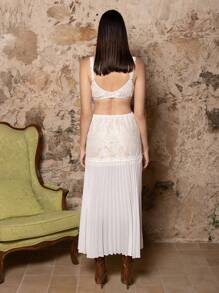 VERO DIAZ Designer Women's White Lace Nude Lined Sleeveless Pleated Chiffon Romantic Wedding Long Dress, Going Out, Spring & Summer, Festival - White - View 2