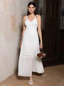 VERO DIAZ 设计师优雅白色雪纺蕾丝边吊带层长款太阳裙、假日、春夏、节日、婚礼、舞会礼服 - 白色 - 查看 1