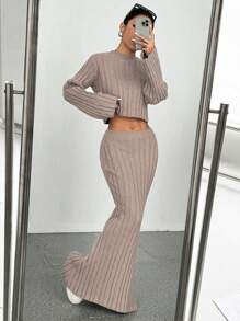 EgrlEra Women Twist Pattern Casual Round Neck Pullover Long Fish Tail Skirt Knitted 2 Pieces Set Fall Cloth For Women - Khaki - View 5