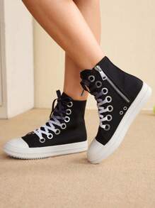 CUCCOO EASI 女士加大码圆头厚底休闲运动鞋，橙色 PU 渐变鞋带系带高帮拉链踝靴，秋冬 - 黑色 - 查看 2