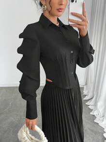 SHEIN Unity 2024 New Women Fashion Asymmetrical Ruched Long Sleeve Slim Fit Short Blouse Women Shirt - Black - View 5