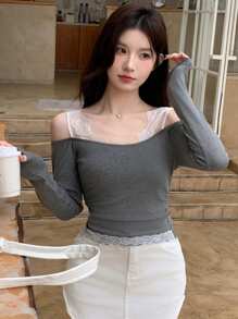 DAZY Women's Elegant Color Block Lace Splicing Open Shoulder T-Shirt, Autumn Long Sleeve Women Tops,Fall Women Clothes Off The Shoulder - Multicolor - View 7