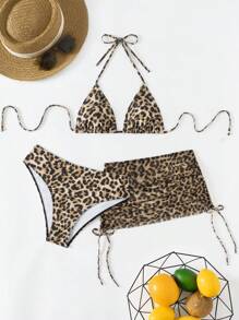 Swim Vcay Bộ 3 đồ bơi bikini họa tiết da báo cho nữ, váy lưới tam giác, buộc dây bên hông, đồ bơi mùa hè - Nhiều màu - Xem 4