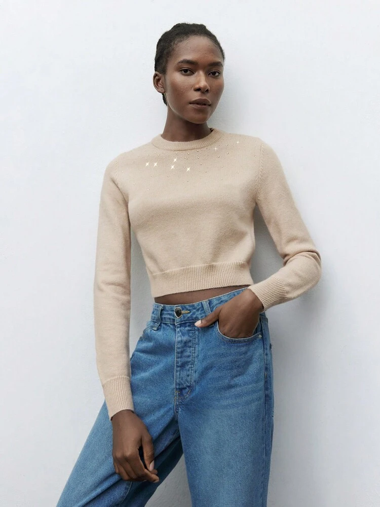 SHEIN Maija Femmes abricot décontracté pull à col rond orné de strass de couleur unie simple et élégant à manches longues, convient pour les loisirs et le port quotidien, automne/hiver