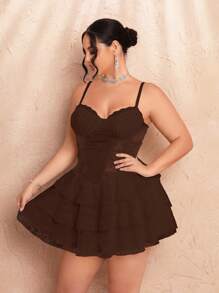 SHEIN BAE Plus Size Women's Summer Sweet Party Date Ballet White Stitching Lace Bra Cup Details Suspender Cake Dress Skirt - Coffee Brown - View 1