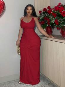 Slaydiva Plus Size Elegant Solid Color Backless Ruched Draped Neck Dress, Suitable For Valentine's Day, Date Night, Club, Prom