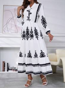 INAWLY 1pc Women Full-Print Minimalist Casual Mini Dress, Long Sleeve