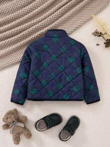 PrepCrw Young Boys' Fall/Winter School Style Blue & Green Plaid Woven Collared Front Zipper Cotton Jacket, Back To School Season - Blue - View 2