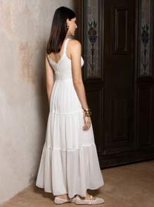 VERO DIAZ 设计师优雅白色雪纺蕾丝边吊带层长款太阳裙、假日、春夏、节日、婚礼、舞会礼服 - 白色 - 查看 3