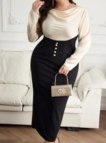 Seusyu Plus Size Women Front Button Long Sleeve Casual Arabian Dress, Solid Color Patchwork - Black and White - View 6