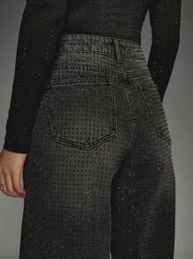 MISSGUIDED 阔腿高腰水钻装饰牛仔裤闪亮派对晚装秋冬场合全长牛仔裤 - 黑色 - 查看 4