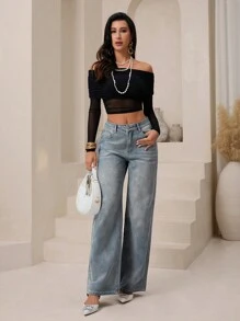 SHEIN Essnce Women's Pocket Design Casual Wide Leg Jeans