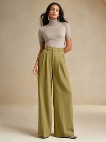Anewsta Fashionable Minimalist Solid Color Wide Leg Work Pants - Mustard Yellow - View 4