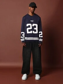 SUMWON Oversized Fit Long Sleeve V-Neck Football Tee
