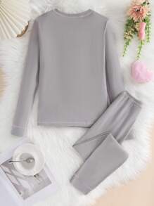 SHEIN 2 件青少年女孩休闲舒适简约浅灰色和粉色配套紧身裤和长袖内衣套装 - 淺灰色 - 查看 2
