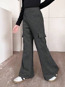 SHEIN Leap Crew Tween Girls Fitted Casual Comfort Mid-Rise Soft Flared Leg Pants - Grey - View 4