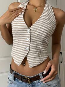 SHEIN EZwear Women's Fashion Sexy Striped Front Button Backless Halter Top - Beige - View 5