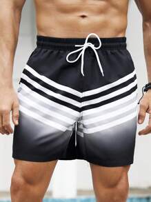 Surfspeed Men's Contrast Stripe Gradient Drawstring Waist Beach Shorts - Black - View 3